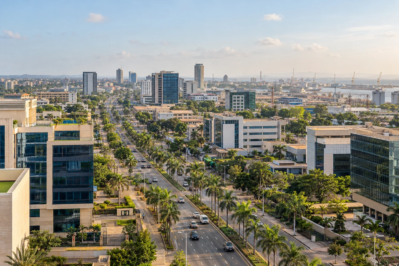 Illustrative West African business district and transport connections